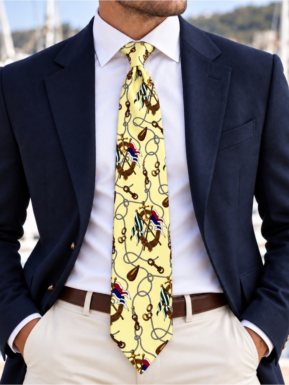 Polo Ralph Lauren Yellow Silk Nautical Tie Anchor Rope Flag Print Made in USA